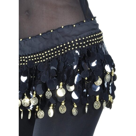 Women Black & Black Coins Hip Scarf Skirt Wrap Performance Belly Dance Costume - Picture 4 of 4